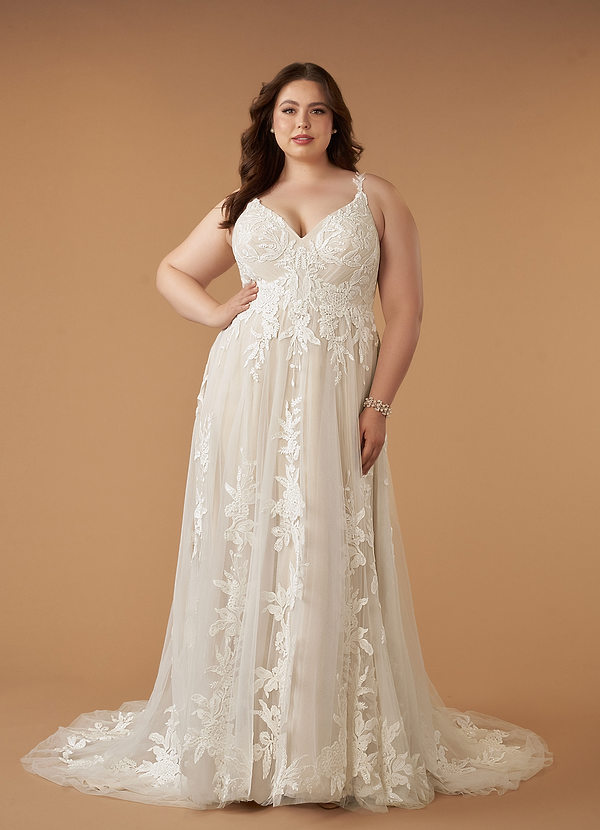 Azazie Delaina Bröllopsklänningar Klänning av A-Linje i Tyll V-ringad paljett Diamant Vit Champagne image1