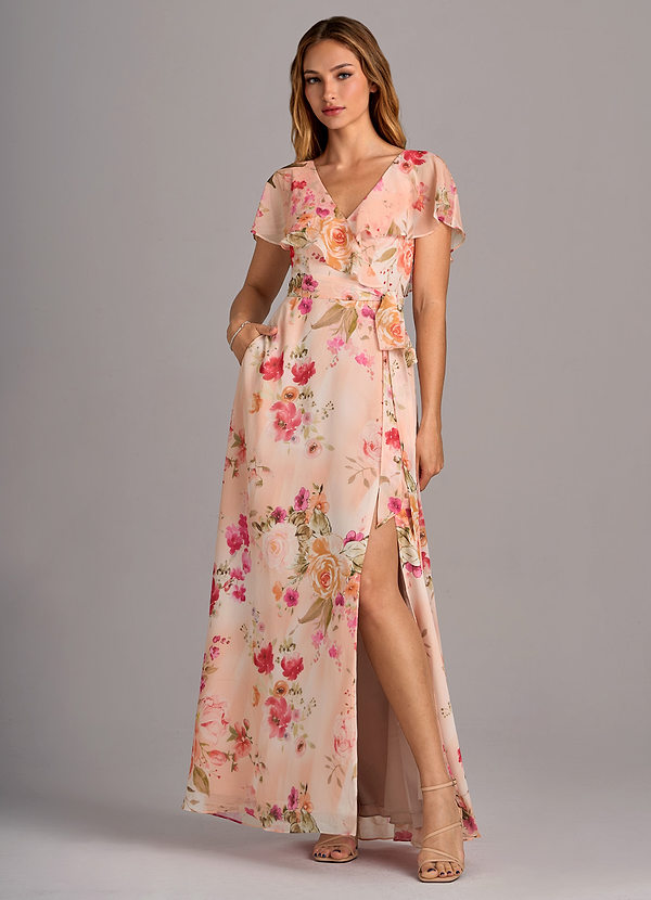Azazie Lainey Bridesmaid Dresses Abstract Bouquet Floral A-Line with Pockets Chiffon Dress image1
