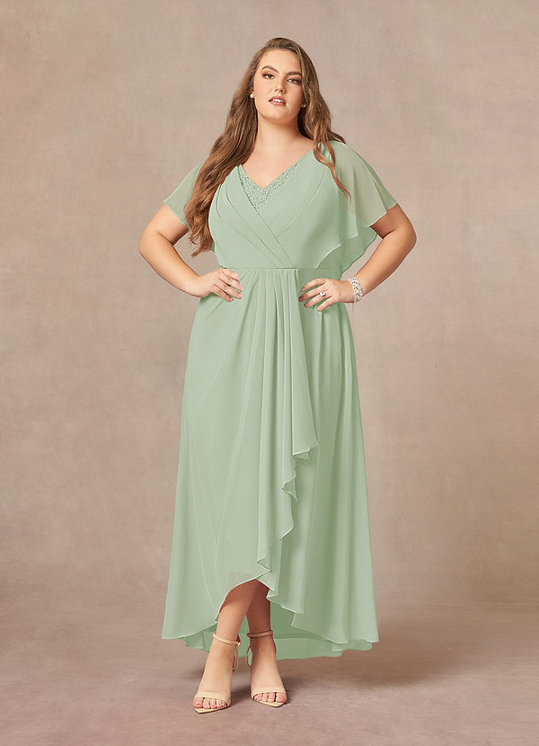 Azazie Eliza Mother of the Brides Dresses Dusty Sage A-Line V-Neck Pleated Chiffon Dress image1
