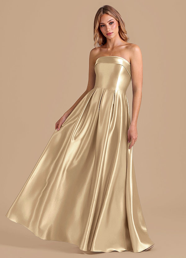 Azazie Lucienne Bridesmaid Dresses Champagne A-Line Pleated Metallic Satin Dress image1
