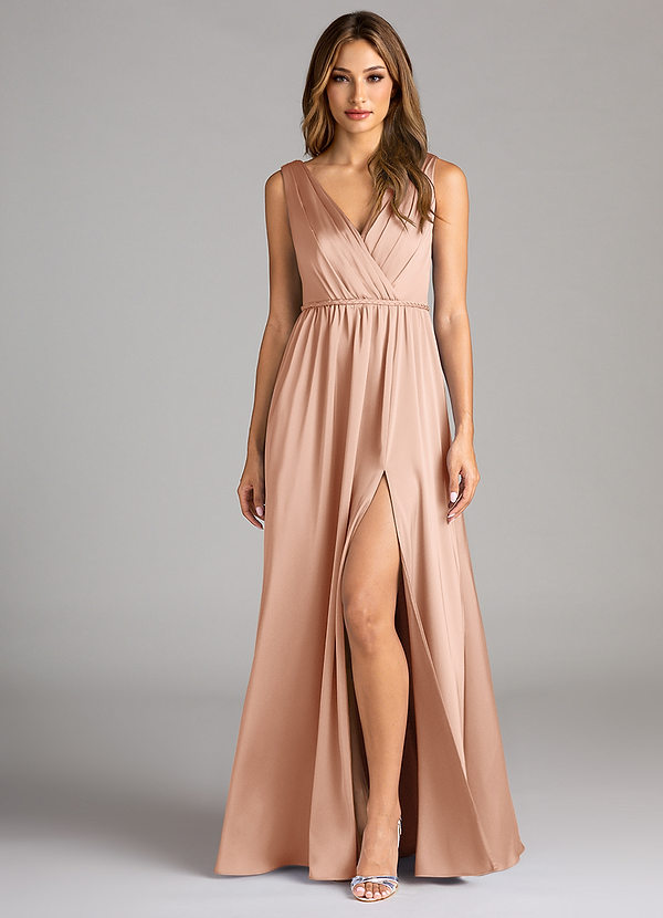 Azazie Tanicia Bridesmaid Dresses Rose Gold A-Line Pleated Stretch Satin Dress image1