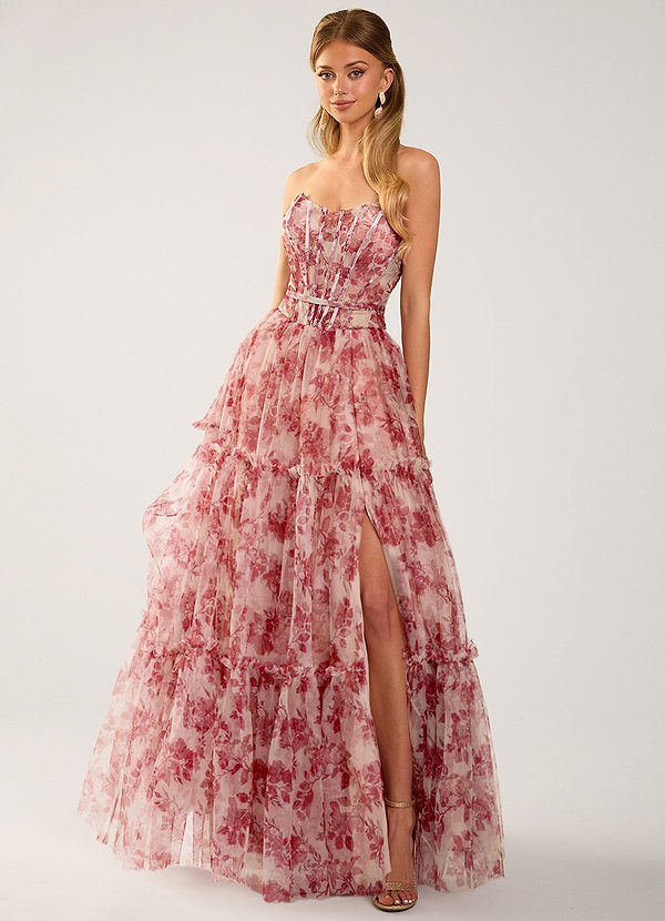 Wenoyn Rosa Blommigt tryckt tyllkorsettbalklänning image1