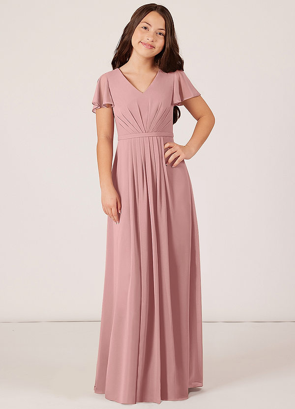 Azazie Peony Junior Robe Trapèze en Mousseline de soie Plissée Rose Poussiéreuse image1