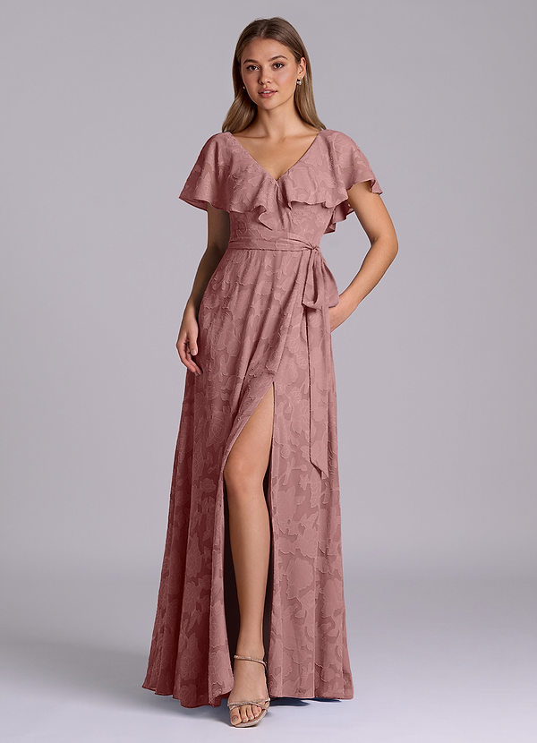 Azazie Lainey Bridesmaid Dresses Dusty Rose A-Line with Pockets Floral Burnout Dress image1