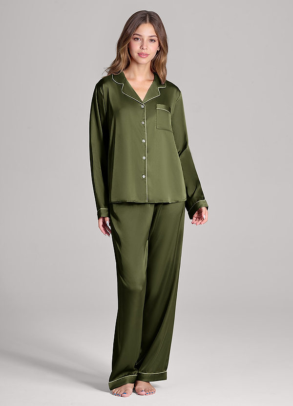 front Warm Olive Long Sleeves and Pants Satin PJ Set