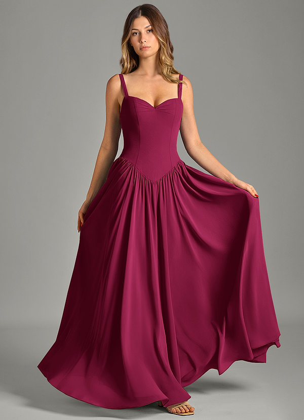 Azazie Evadina Vestidos de dama de honor Vestido Borgoña de Gasa de Línea A con Corsé image1