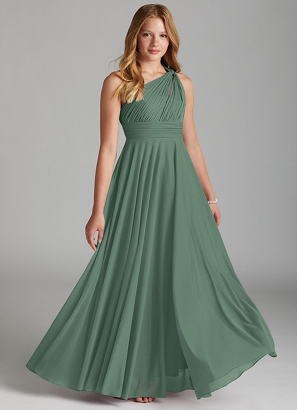 Azazie Charlize Junior Eucalyptus A-Line Mesh Dress image1
