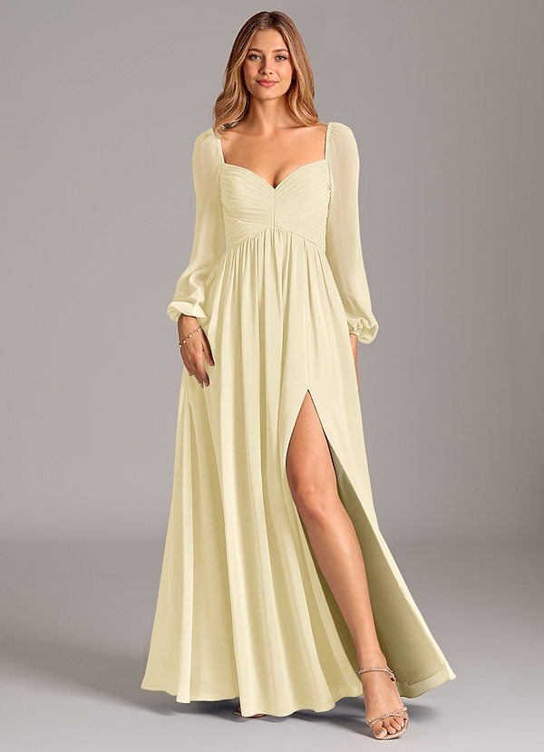 Azazie Bailee Vestidos Dama de Honor Vestido de Sorbete De Limón de Gasa de Corte en A con Manga larga image1