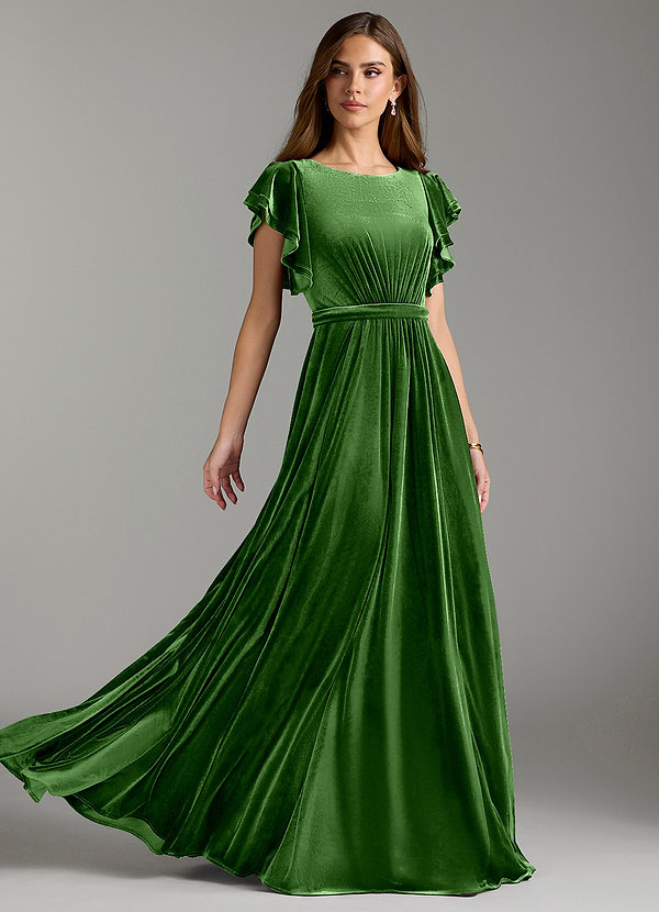 Azazie Daphne Modest Bridesmaid Dresses A-Line Velvet Floor-Length Dress with Belt image1