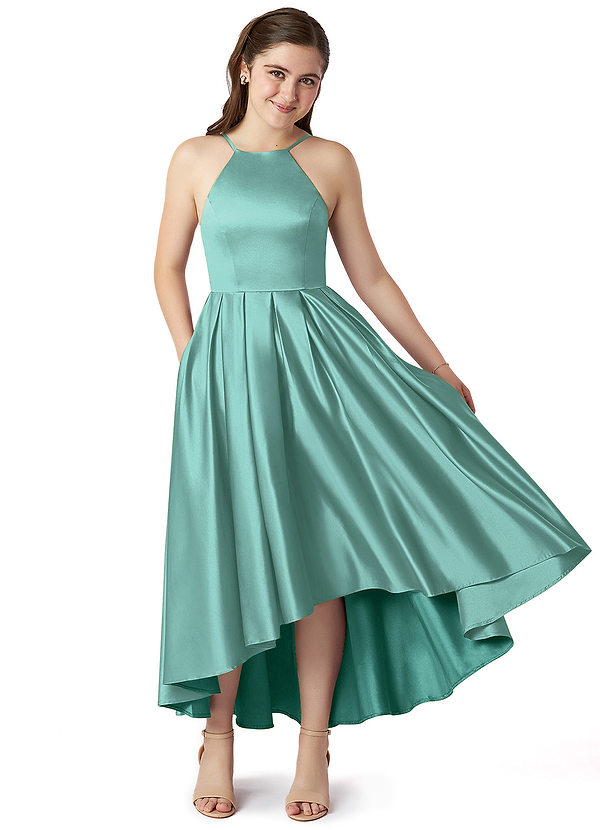 Azazie Jemima Junior A-Linie mit Taschen Stretch-Satin Kleid Aqua image1