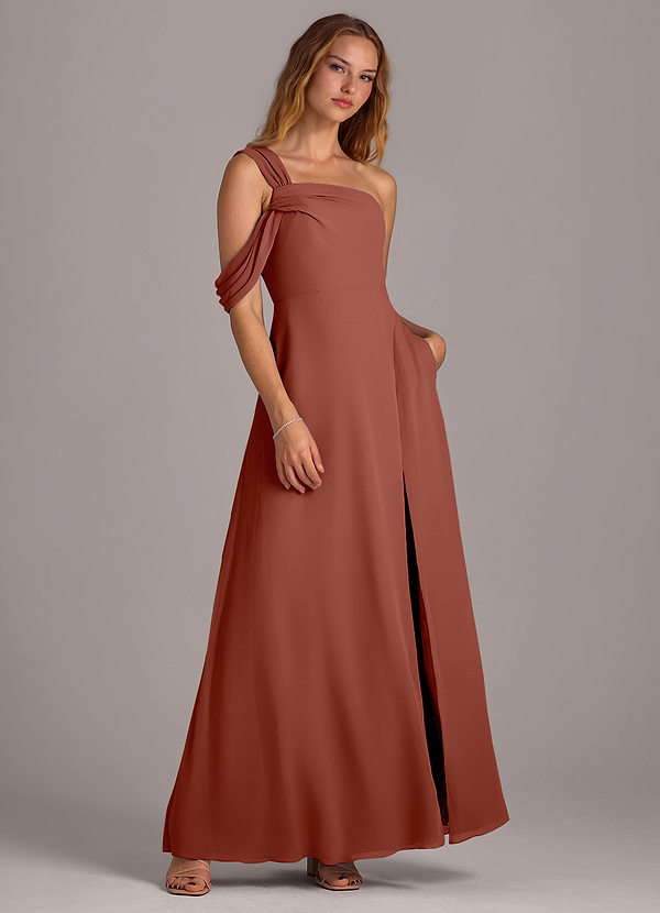 Azazie Daina Bridesmaid Dresses Auburn A-Line Off the Shoulder Chiffon Dress image1