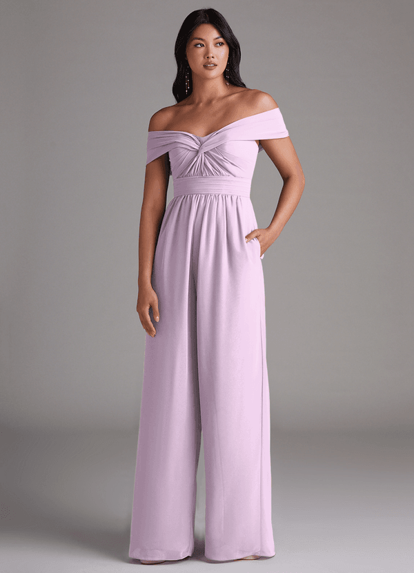 Azazie Lamara Robes Demoiselle d'honneur Combinaison Convertible en Mousseline de soie Épaule décolletée Frostiges Flieder image1