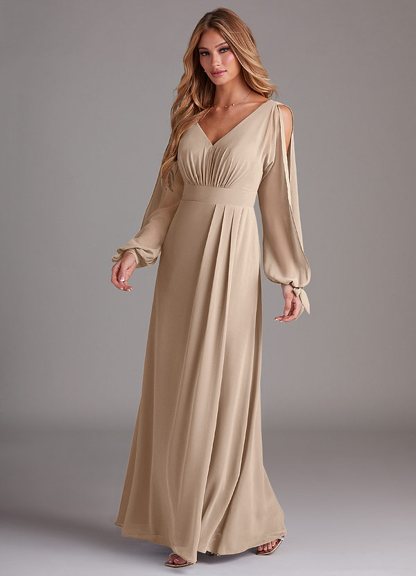 Azazie Matilda Bridesmaid Dresses Taupe A-Line Long Sleeve Chiffon Dress image1