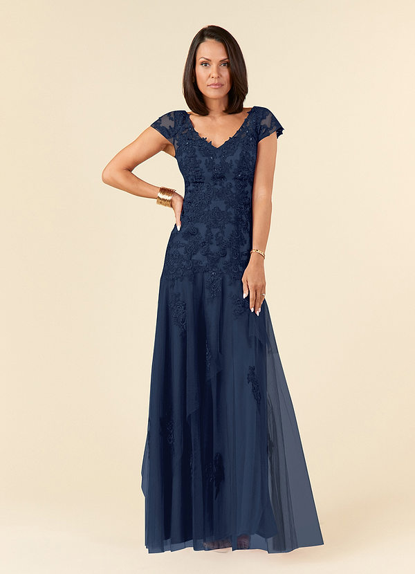 Azazie Romy Mother of the Brides Dresses Dark Navy Mermaid V-Neck Sequins Tulle Dress image1