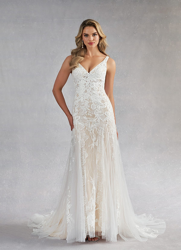 Azazie Konstantin Wedding Dresses Diamond White Champagne Mermaid Sequins Tulle Dress image1