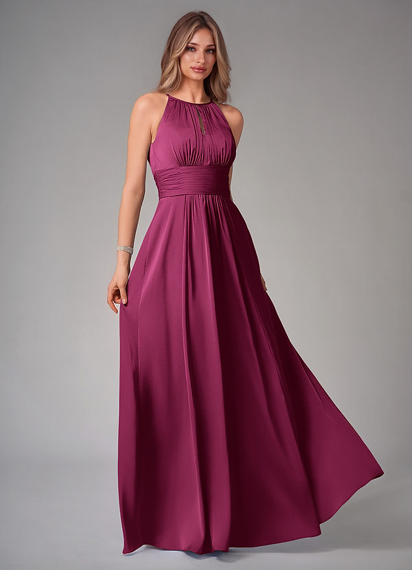 Azazie Bonnie Vestidos de dama de honor Vestido Ciruela Roja de Satén Elástico de Línea A con Plisado image1