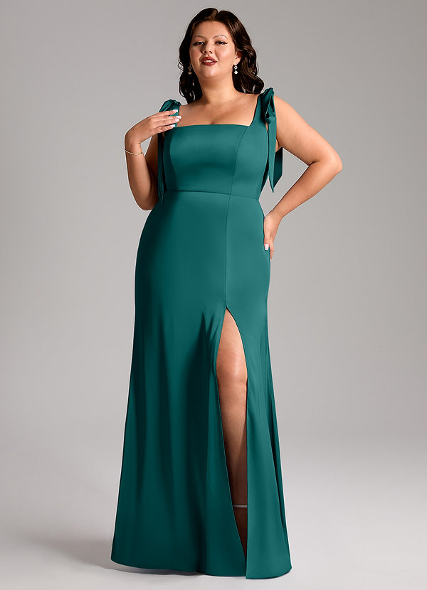 Azazie Frostine Bridesmaid Dresses Peacock A-Line Bow Stretch Satin Dress image1