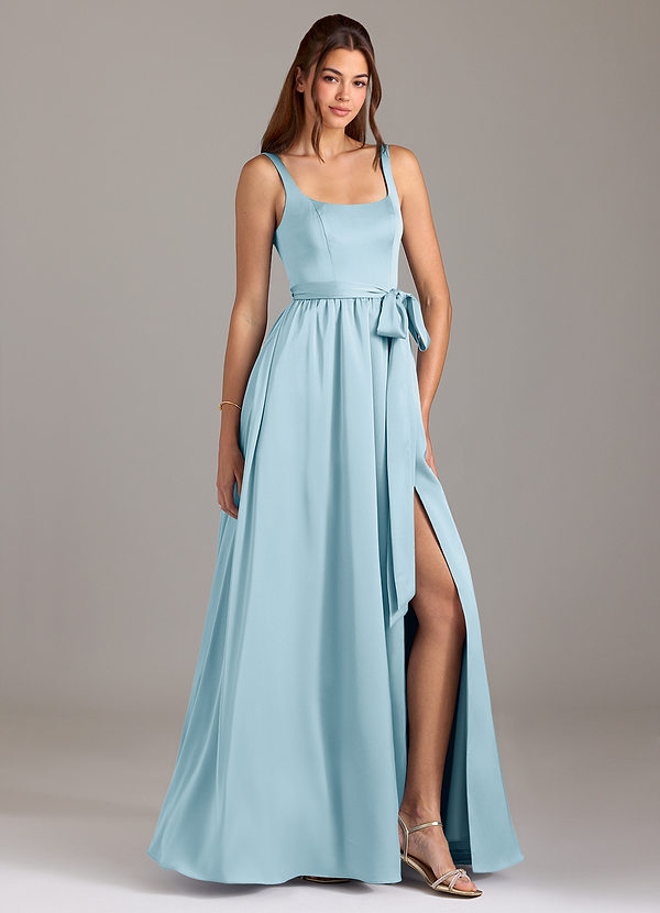 Azazie Elliott Bridesmaid Dresses Sky Blue A-Line with Pockets Stretch Satin Dress image1