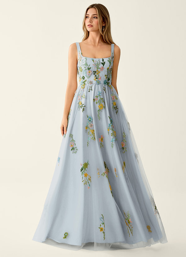 Saofire Cielo Azul Vestido de fiesta con flores coloridas bordadas image1