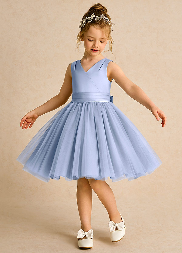 Azazie Tadpole Robes de Fillette d'Honneur Robe Trapèze en Mat Satiné Plissée Eis image1