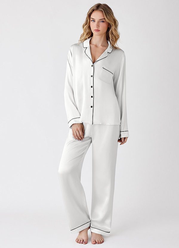 front White 100% Washable silk Long Sleeve Pajama Set