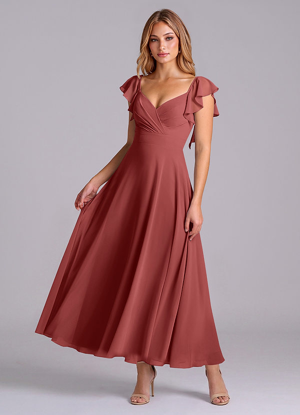 Azazie Leilani Robes de demoiselle d'honneur Robe Trapèze en Mousseline de soie Drapé Terracotta image1
