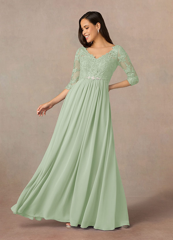 Azazie Hayek Mother of the Bride Dresses Dusty Sage A-Line V-Neck Lace Chiffon Dress image1