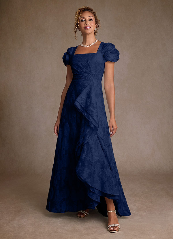 Azazie Hermina Dark Navy Jacquard A-Line Pleated Floral Jacquard