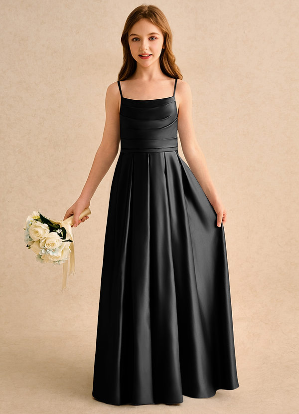 Azazie Reia Junior Formal Flower Girl Dresses Black A-Line Pleated Matte Satin Dress image1