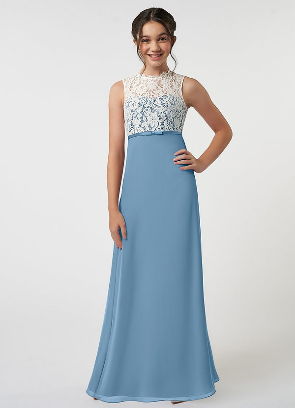 Azazie Rana Junior Robe Trapèze en Mousseline de soie Dentelle Acier Bleuté image1