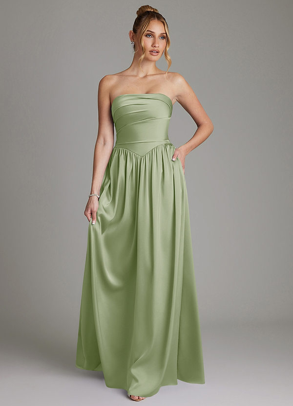 Azazie Zena Bridesmaid Dresses Dusty Sage A-Line Strapless Stretch Satin Dress image1