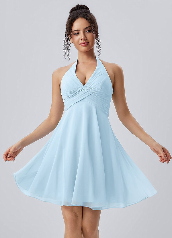 Joviannelle Ljusblå Grimma Hand Ruched Chiffong Mini Klänning image1