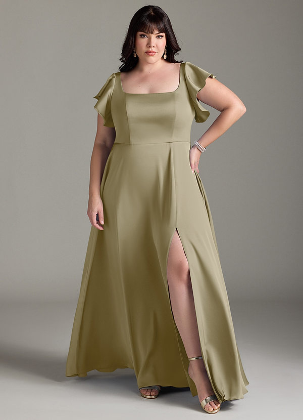 Azazie Bondi Bridesmaid Dresses Moss Green A-Line Bow Stretch Satin Dress image1