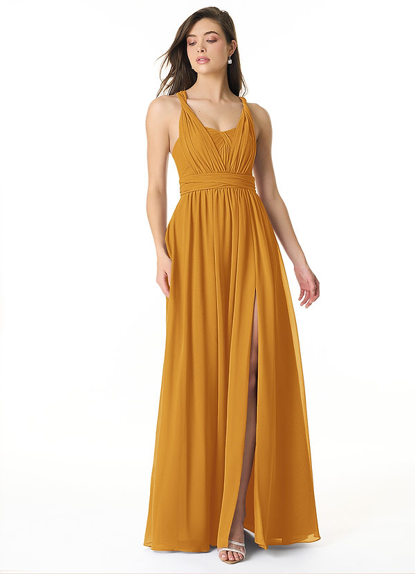Azazie Olani Bridesmaid Dresses Butterscotch A-Line Off the Shoulder Chiffon Convertible Dress image1