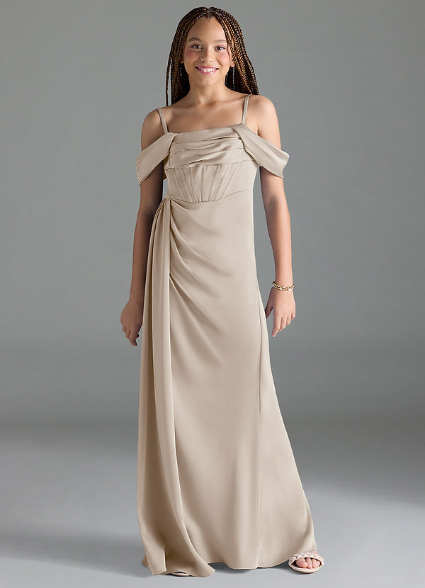 Azazie Amyra Junior Frost Sheath Off the Shoulder Stretch Satin Dress image1