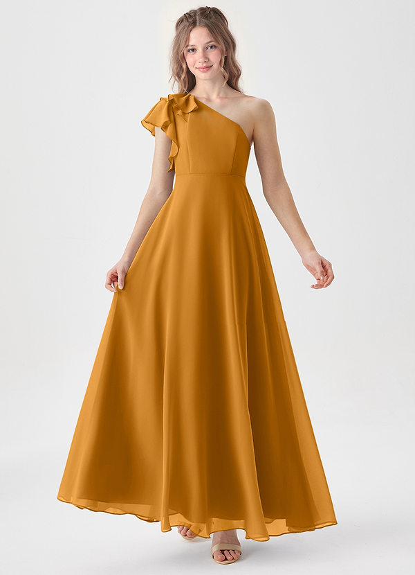 Azazie Arabella Junior Robe Trapèze en Mousseline de soie Rayé Caramel écossais image1