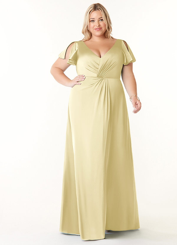 Azazie Soren Bridesmaid Dresses Lemon Sorbet A-Line Pleated Stretch Satin Dress image1