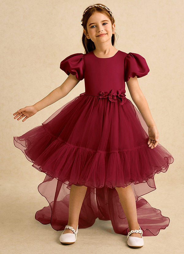Azazie Cocoa Abiti da Ragazza di Fiori Abito Principessa in Tulle Plissettato Borgogna image1
