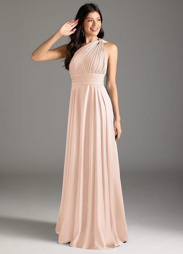 Azazie Charlize Bridesmaid Dresses Blushing Pink A-Line One Shoulder Stretch Satin Dress image1