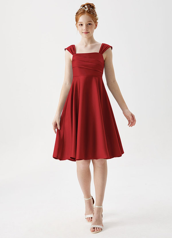 Azazie Amira Junior Pomegranate A-Line Pleated Stretch Satin Dress image1
