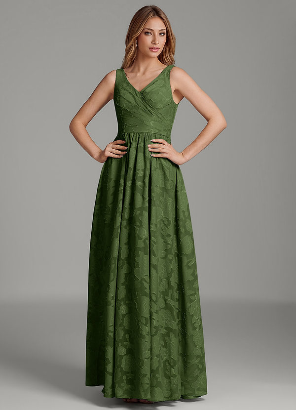Azazie Keyla Bridesmaid Dresses Olive A-Line Pleated Floral Burnout Dress image1