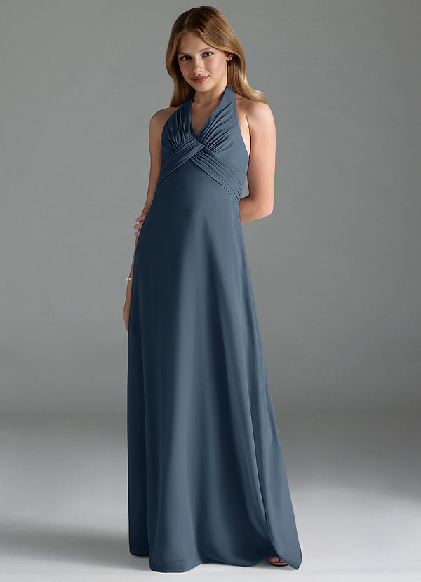 Azazie Tessie Junior A-Linie Plissee Chiffon Kleid Neptunblau image1