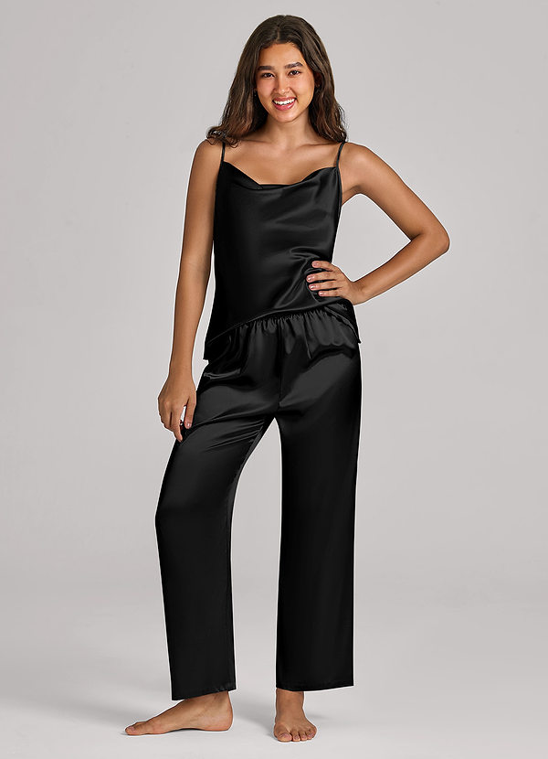 front Conjunto de pijama com calça e blusa de cetim combinando
