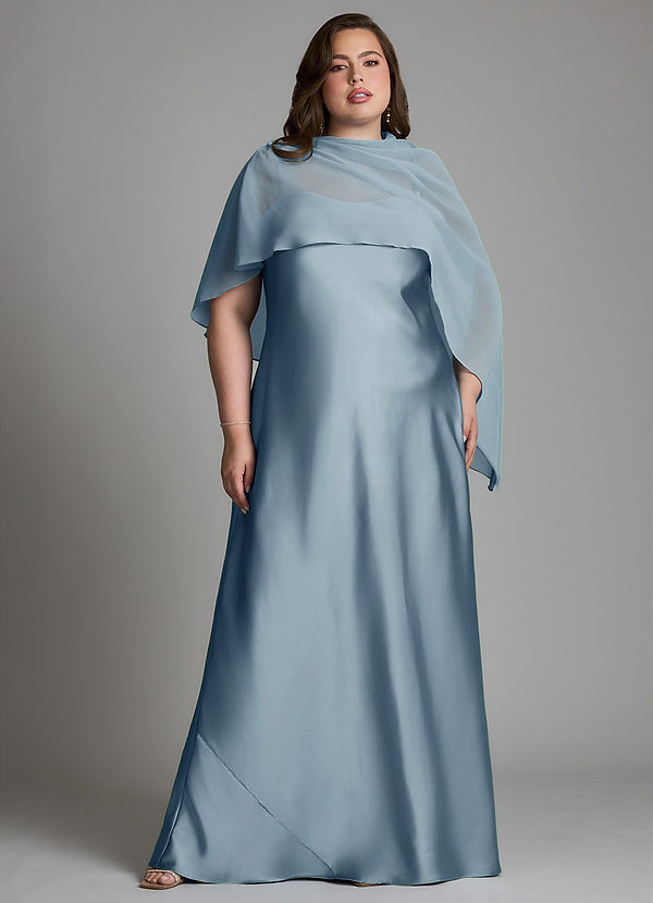Azazie Jaleesa Vestidos de dama de honor Vestido Azul Polvoriento de Satén Elástico de Corte Recto con Cuello alto image1