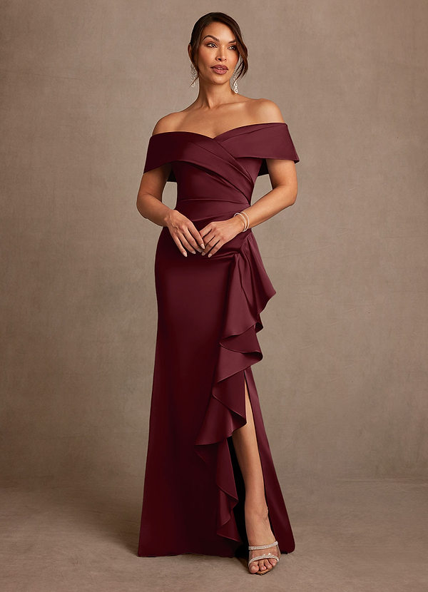 Azazie Kirsty 신부의 어머니 드레스 쉬스 오프 더 숄더 스트레치 새틴 플로어 길이 드레스 image1