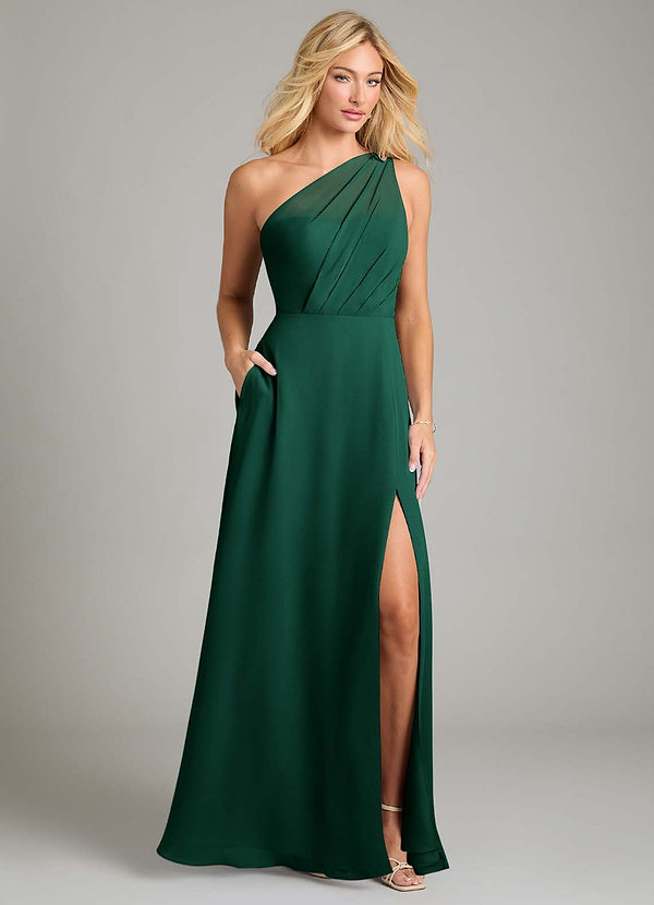 Azazie Phaedra Bridesmaid Dresses Emerald A-Line One Shoulder Chiffon Dress image1