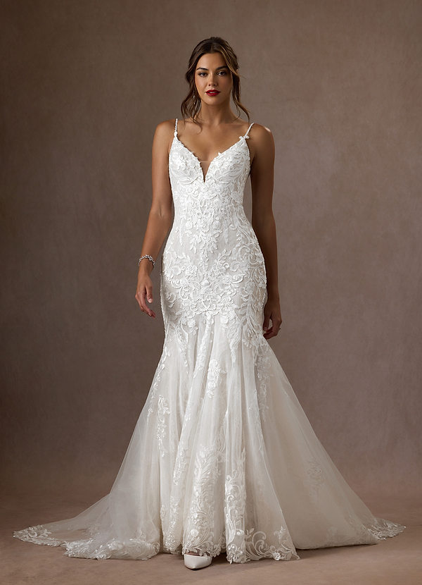 Azazie Camlynn Wedding Dresses Diamond White Mermaid V-Neck Sequins Tulle Dress image1