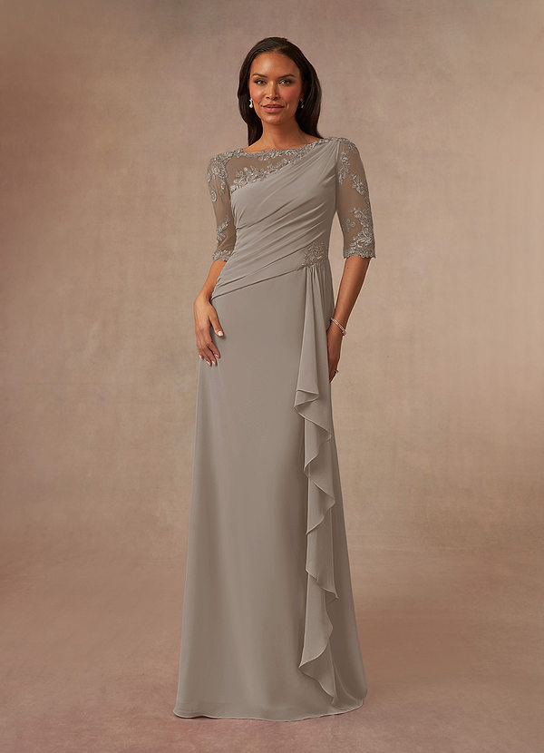 Azazie Dionysus Vestidos de Madre de la Novia Vestido de Gris Pardo de Gasa de Corte en A con Encaje cuello barco image1