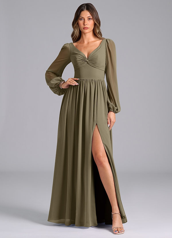 Azazie Teri Bridesmaid Dresses Willow Green A-Line Long Sleeve Chiffon Dress image1