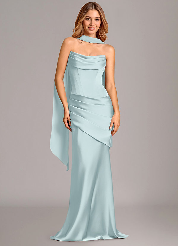 Azazie Pelagia 신부 들러리 드레스 인어 코르셋 스트레치 새틴 바닥 길이 드레스 image1